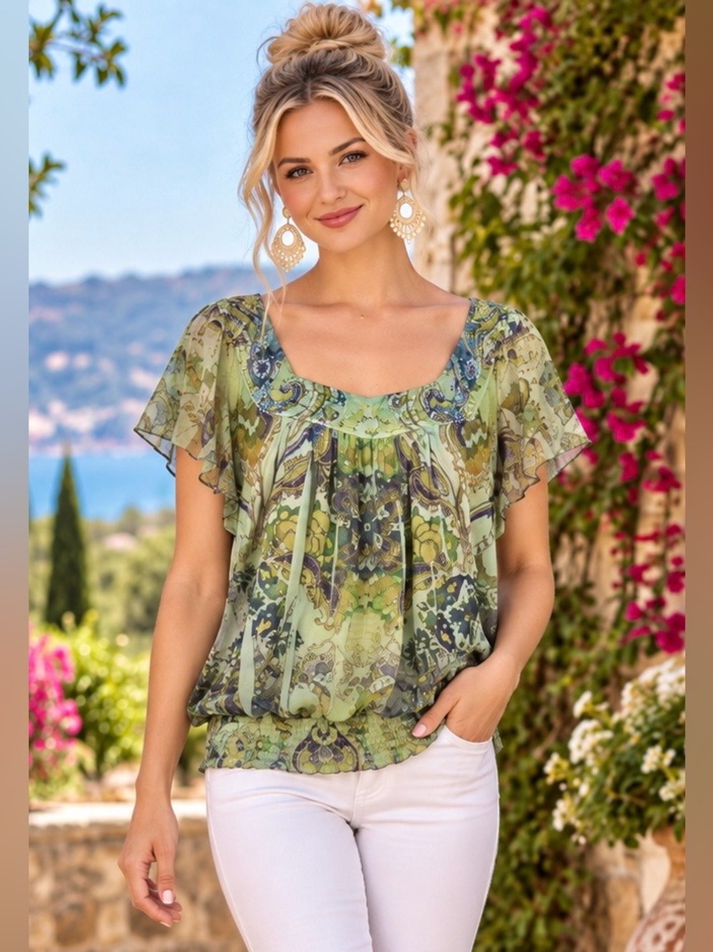 Energe World Wear Green Paisley Rhinestone Blouse XL Boho Sheer Top